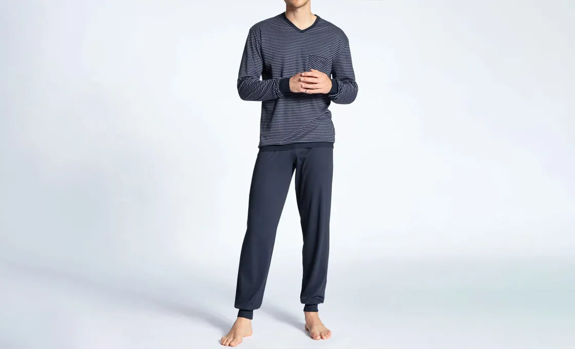 custom V-neck pajama manufacturing men long sleeve top and pant