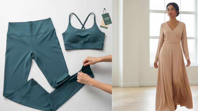 Cupro is favored for flowing dresses and soft, comfortable activewear.