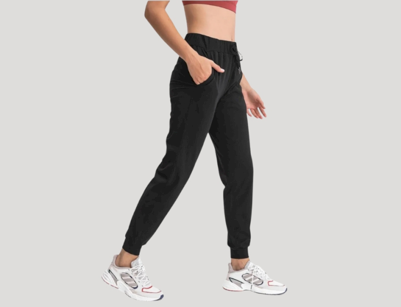Joggers use cotton blends or stretch fabrics, requiring fit, durability, and elasticity