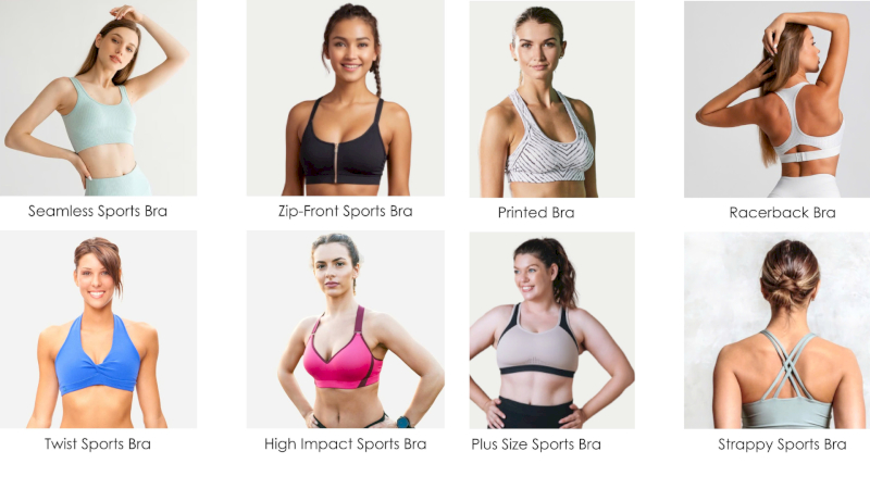 Sports bras offer low to high support in racerback, strappy styles