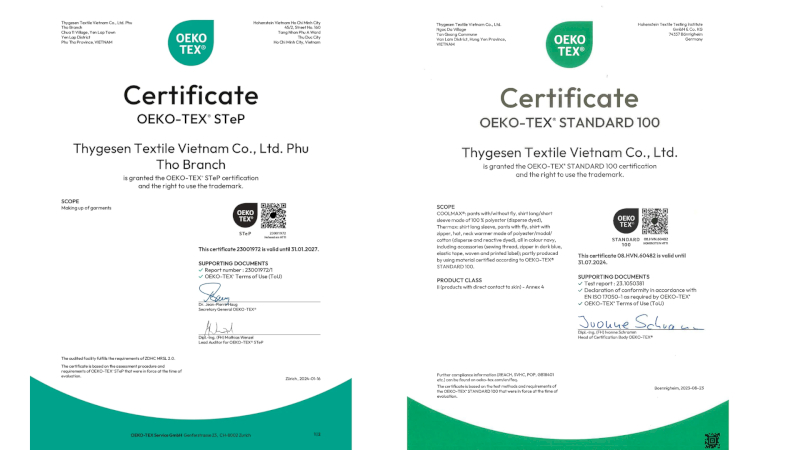 Thygesen holds OEKO-TEX STANDARD 100 & STeP certifications