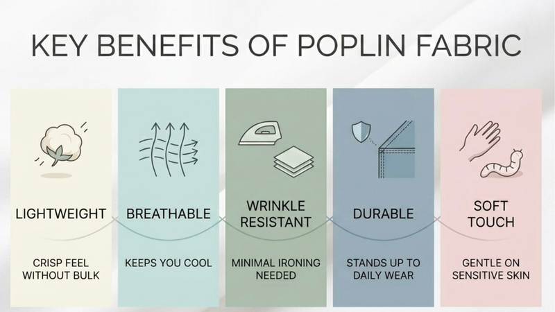 Poplin is known for its smooth surface, which resists pilling and is easy to maintain
