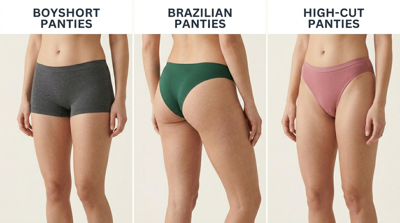 Boyshorts provide full coverage, Brazilian panties offer partial back exposure, and high-cut panties feature raised leg openings for a longer-leg effect