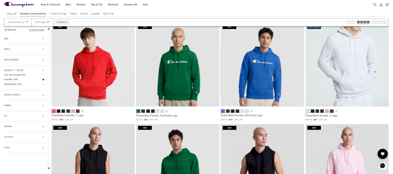 Champion creates clothing collections with varied fabrics based on intended use and purpose