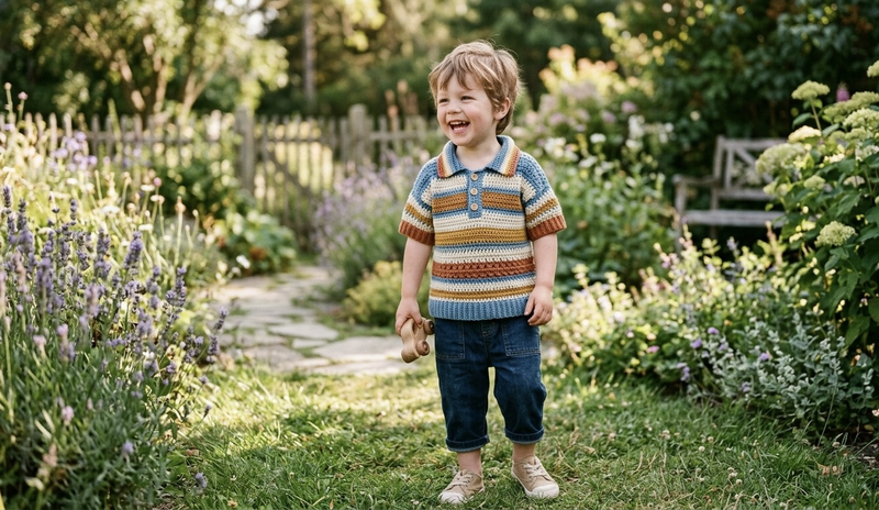 Crochet polos often showcase geometric lace patterns, vertical open stripes, or checkerboard grids rather than a uniform surface