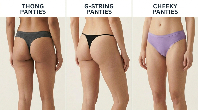 Minimal coverage panties include thongs, G-strings, and cheeky styles, designed to reduce fabric visibility while offering different levels of comfort and back coverage for a smooth look under fitted clothing
