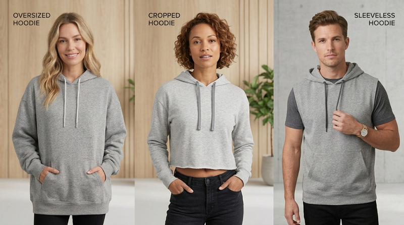 Oversized, cropped, and sleeveless hoodies offer distinctive silhouettes that cater to fashion-forward, athleisure, and performance-focused collection