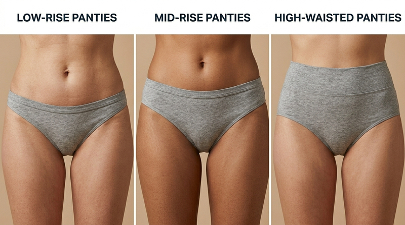 Panties by rise include low-rise, mid-rise, and high-waisted styles, offering different levels of coverage, comfort, and fit depending on how they sit on the body
