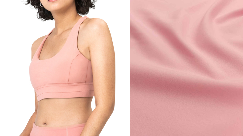 Sports bras are typically made from technical fabrics that provide stretch, moisture-wicking, breathability, and shape retention