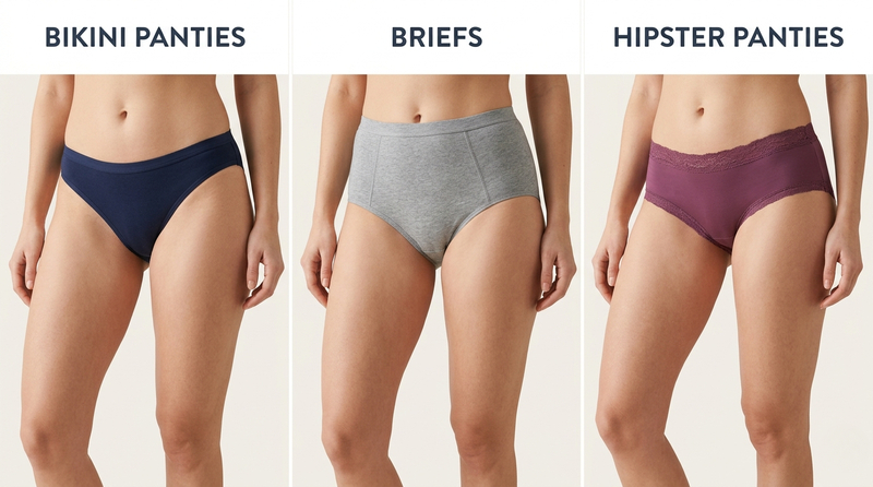The different types of panties can be classified by the level of front and back coverage they provide