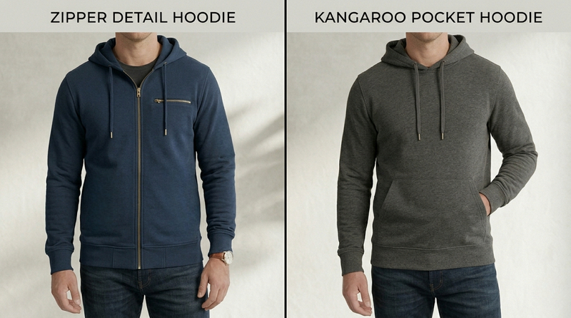 Zipper detail hoodies and kangaroo pocket hoodies focus on functional design elements that enhance usability, comfort, and everyday versatility