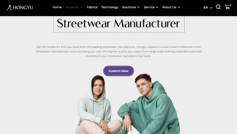 Hongyu Apparel is a streetwear clothing manufacturer offering low MOQs for early-stage independent brands