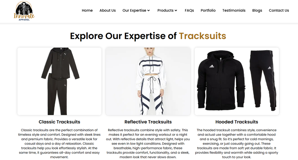 Innovate Apparel supports custom tracksuit development through design assistance, sampling, and production services