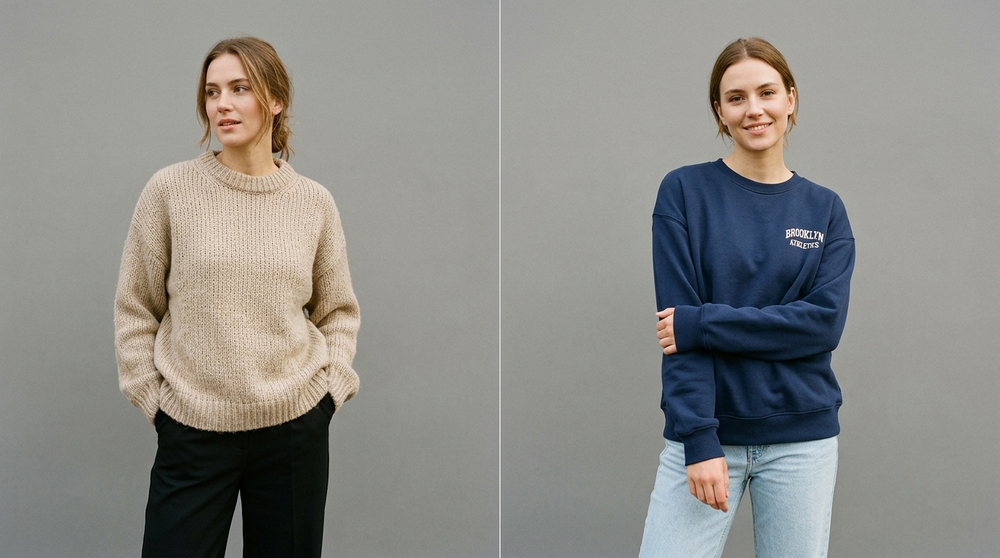 Sweaters suit business-casual and semi-formal settings, while sweatshirts are better suited for casualwear, sportswear, and everyday comfort