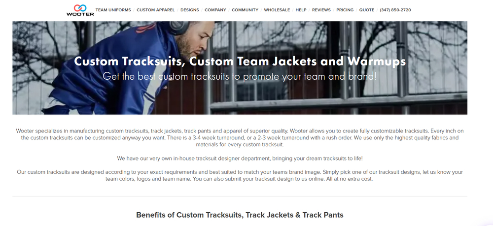 Wooter Apparel focuses on customized team tracksuits featuring personalized graphics, names, and numbers.
